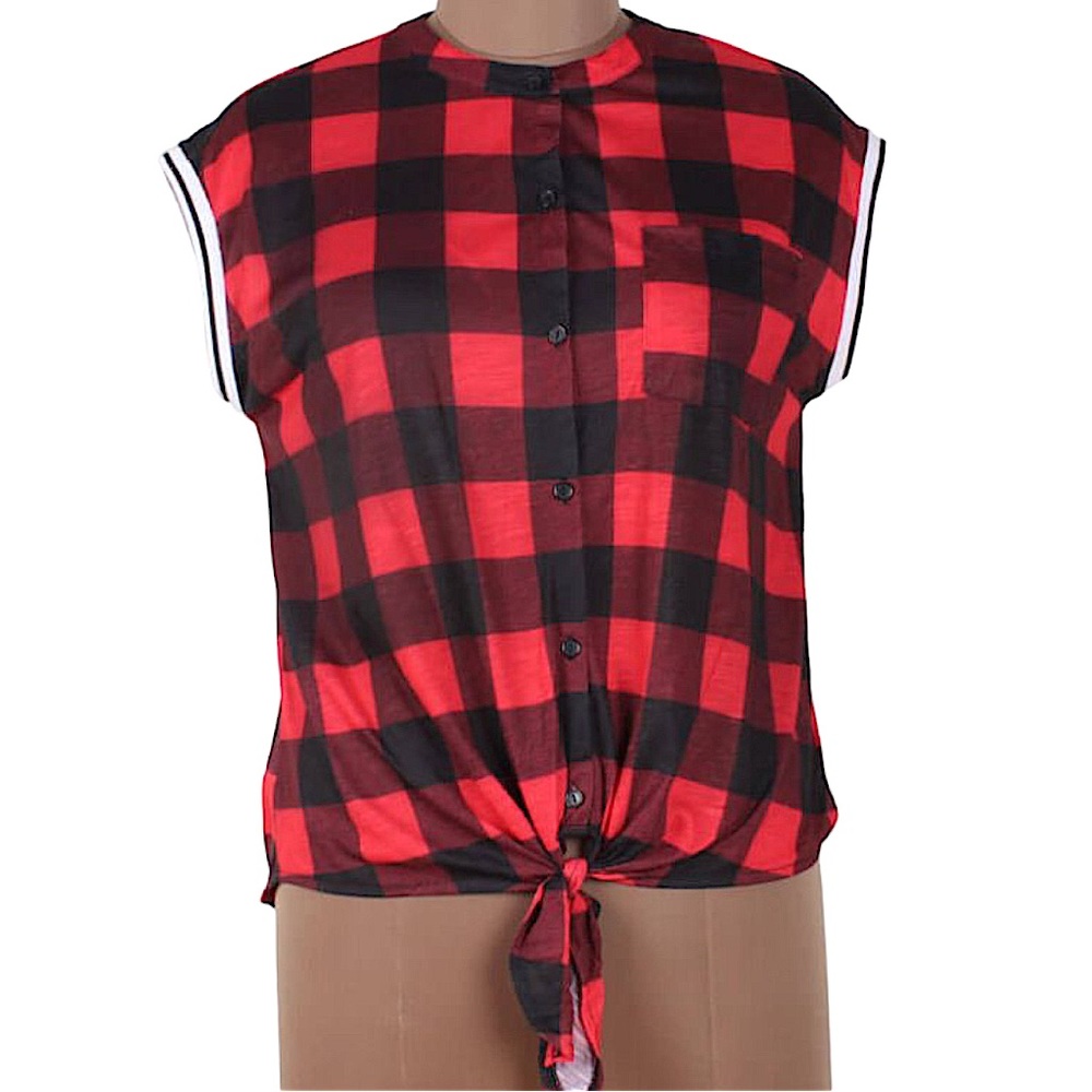 4/$32 No Boundaries 📌 size Xl red black checkered shirt bottom knot button down